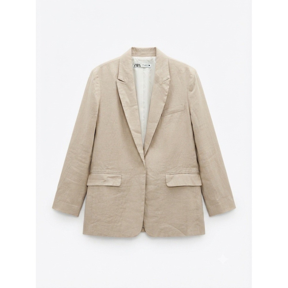 Zara Linen XL Blazer Linen Office Work Business Beige Neutral Womens